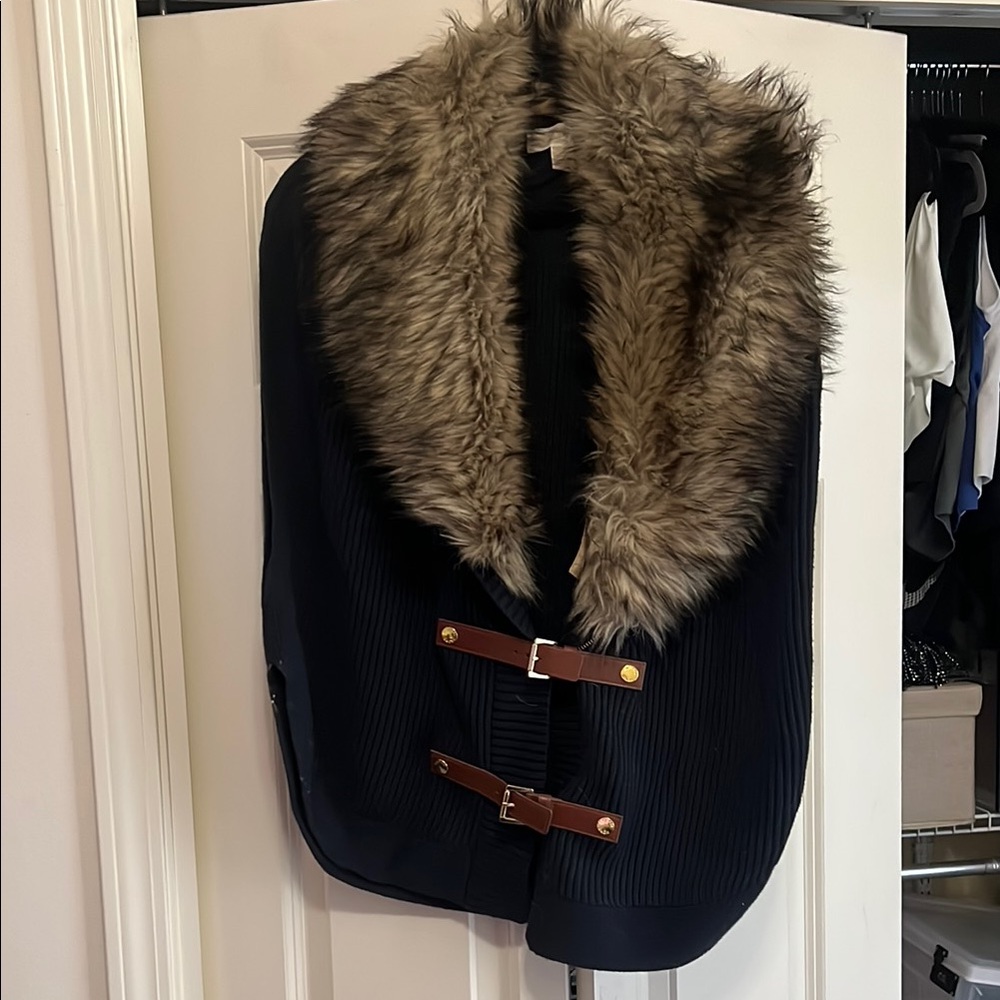 Removable Faux Fur Trimmed Navy Cape